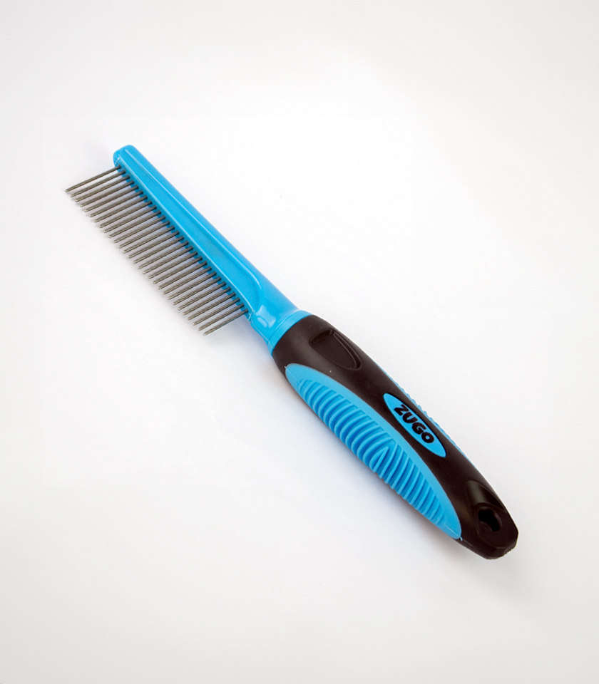29 Pin Dog Grooming Comb, a blue and black grooming comb with a row of silver metal pins that has the word ZUGO in blue letters on the handle.