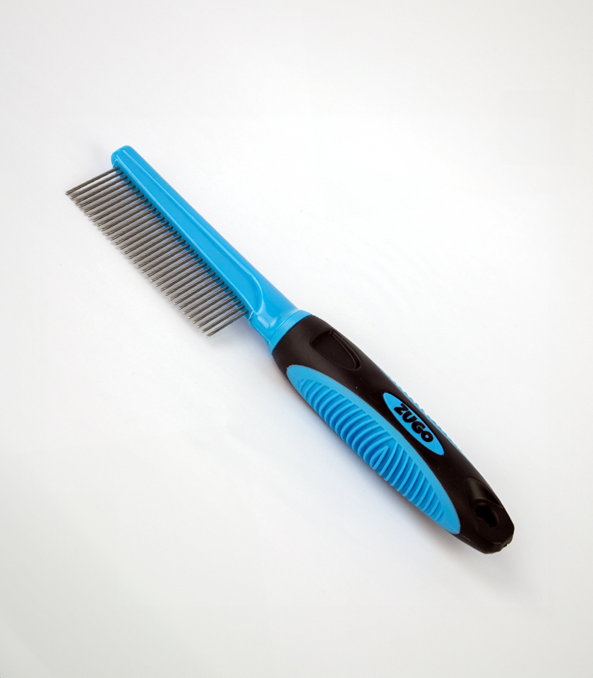 32 Pin Dog Grooming Comb, a blue and black grooming comb with a row of silver metal pins that has the word ZUGO in blue letters on the handle.