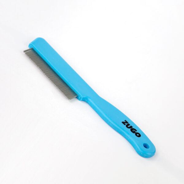 Dog Flea Grooming Comb, a light blue flea comb with fine, closely spaced silver metal teeth that has the word ZUGO in black letters on the handle.