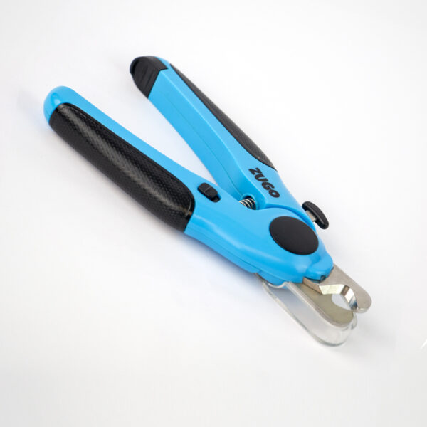 Dog Nail Clipper with LED, a blue and black dog nail clipper with silver metal blades and the word ZUGO in blue letters on the handle.