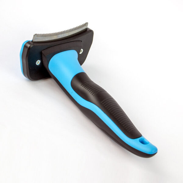 Self Cleaning Deshedding Cat Brush, a deshedding tool with a blue and black handle and a serrated silver metal blade on a black base.