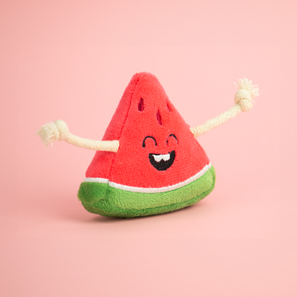 Zugo Watermelon Plush Catnip & Sound Toy, a plush toy shaped like a watermelon slice that is red with embroidered seeds, a white band, a green bottom, and two rope arms with knots.