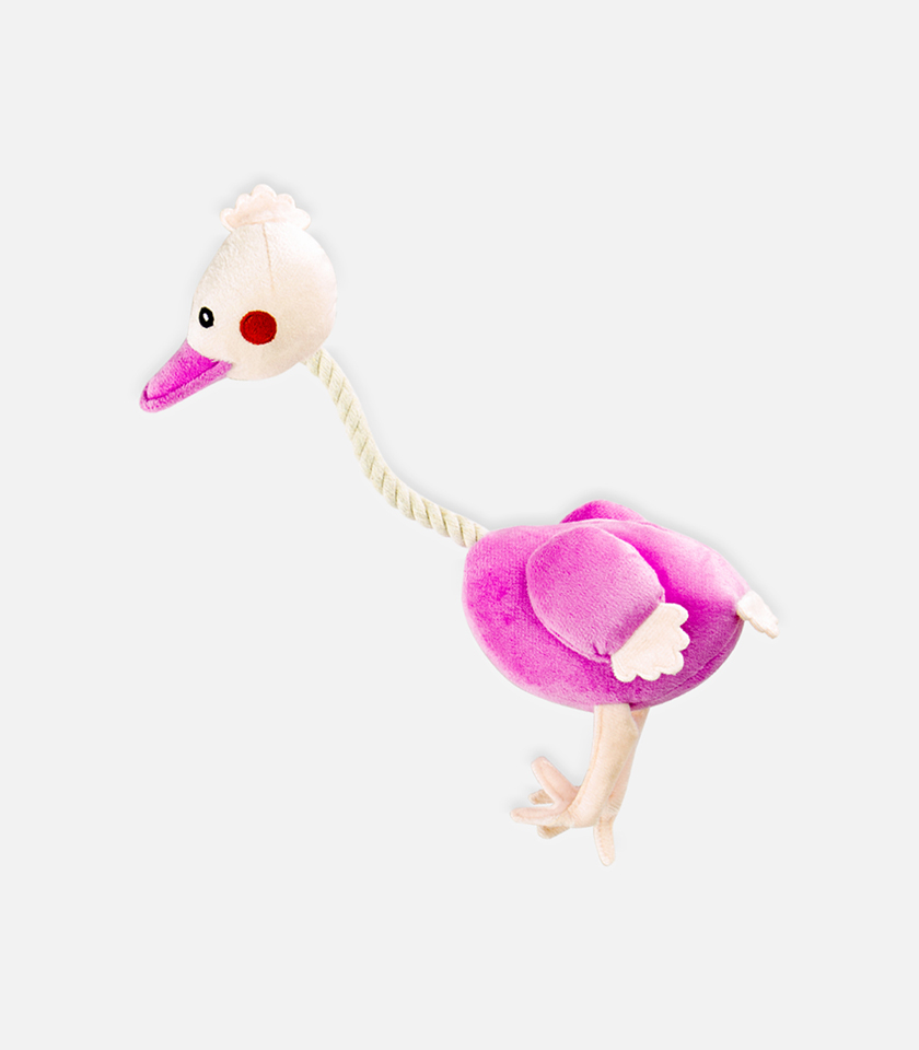 Ostrich Plush Dog Toy, a plush toy shaped like an ostrich with a pink body, a long neck, and a white head.