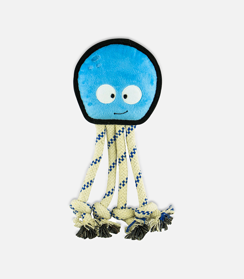 Octopus plush toy, a plush toy shaped like an octopus with a blue head and four knotted rope legs.