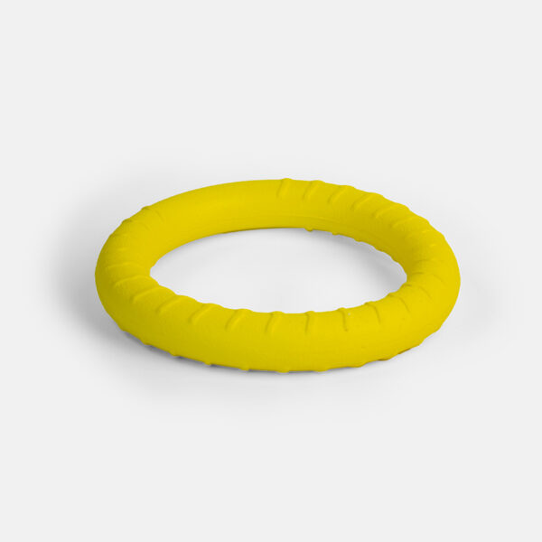 Loop Ring EVA Dog Toy, a yellow ring with a textured surface and grooves along the outer edge.