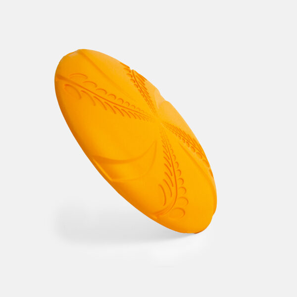 Aeroglide EVA Dog Toy, a smooth, orange flying disc with a raised leaf-like pattern radiating from the center.