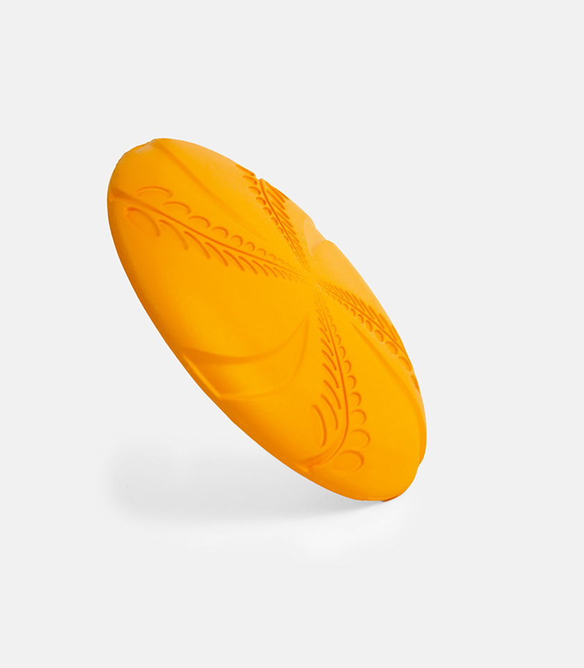 Aeroglide EVA Dog Toy, a smooth, orange flying disc with a raised leaf-like pattern radiating from the center.