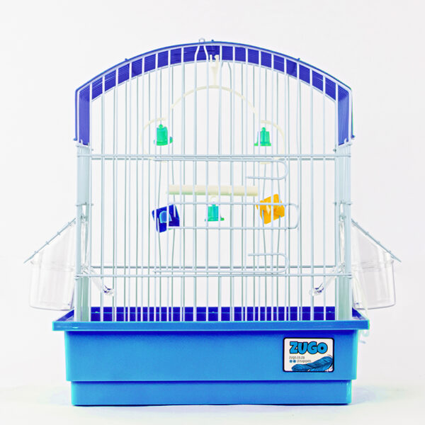 Zugo Aviary Bird Cage 1, a blue and white wire bird cage with a blue base, a white perch, and two clear plastic feeding dishes on the sides.