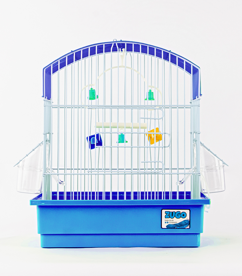 Zugo Aviary Bird Cage 1, a blue and white wire bird cage with a blue base, a white perch, and two clear plastic feeding dishes on the sides.