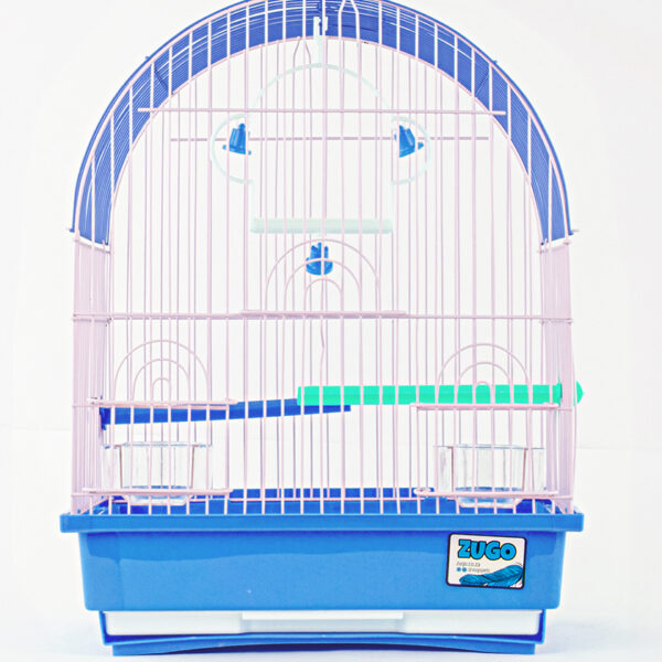 Zugo Aviary Bird Cage 2, a blue and white wire bird cage with an arched top, with a blue base, two clear plastic feeding dishes on the sides, and a pale blue perch inside.