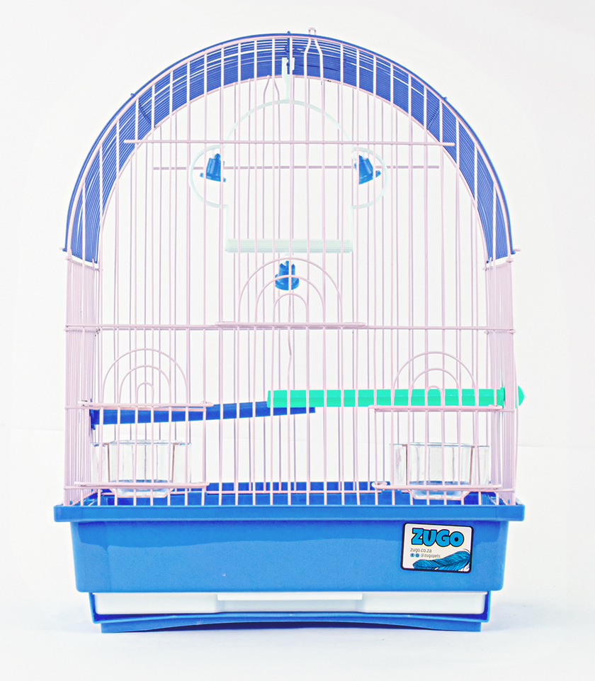 Zugo Aviary Bird Cage 2, a blue and white wire bird cage with an arched top, with a blue base, two clear plastic feeding dishes on the sides, and a pale blue perch inside.