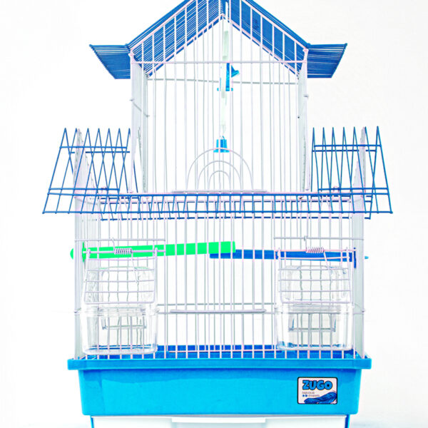 Zugo Aviary 3 Green Bird Cage, a multi-level blue and white wire bird cage with a house-like roof, with a blue base, two clear plastic feeding dishes, and blue perches inside.