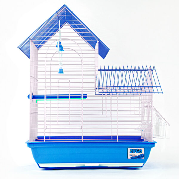 Zugo Aviary 4 Blue Bird Cage, a multi-level Blue and white wire bird cage with a house-like roof, with a blue base, two clear plastic feeding dishes, and a blue perch inside.
