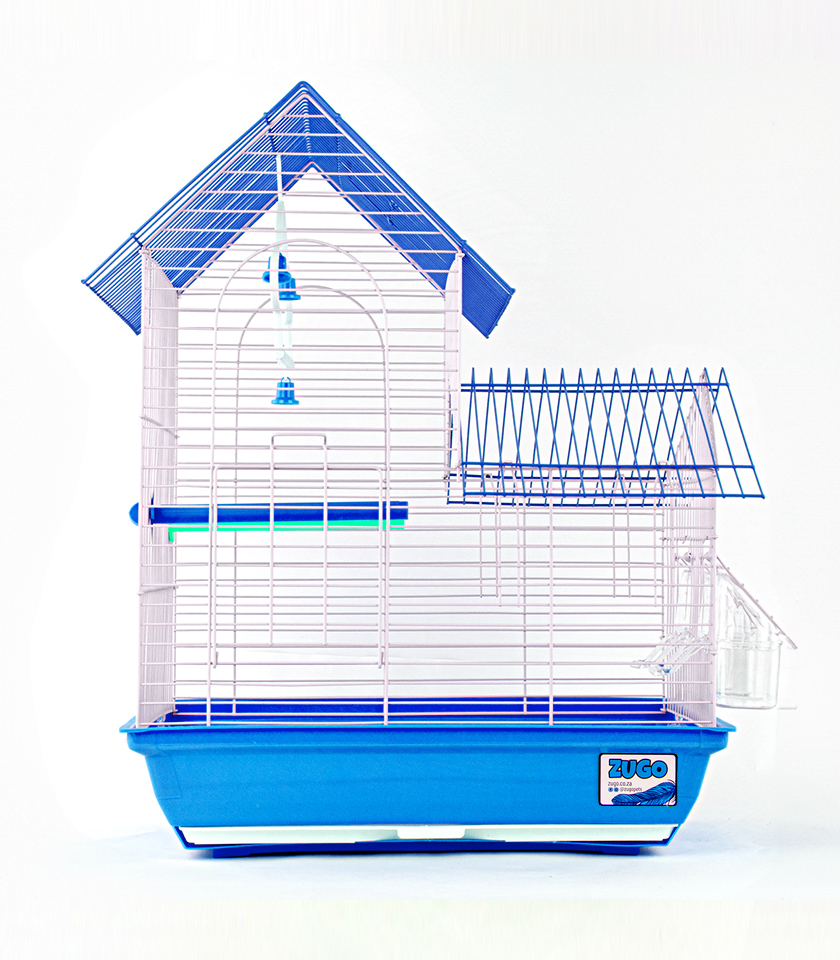 Zugo Aviary 4 Blue Bird Cage, a multi-level Blue and white wire bird cage with a house-like roof, with a blue base, two clear plastic feeding dishes, and a blue perch inside.