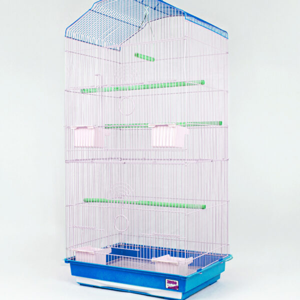 Zugo Aviary 7 Blue Cage, a tall blue and white wire bird cage with a house-like roof, with a blue base, three green perches, and four feeding dishes.
