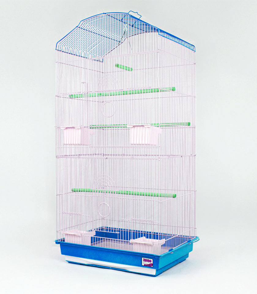 Zugo Aviary 7 Blue Cage, a tall blue and white wire bird cage with a house-like roof, with a blue base, three green perches, and four feeding dishes.