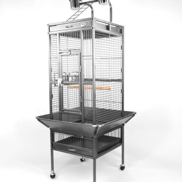 Zugo Aviary 9 Silver/Black Cage, a tall, multi-level silver wire bird cage with a matching stand on wheels, with a large door, a pull-out mess tray at the bottom, a flat top with two metal feeding bowls, and two wooden perches inside.