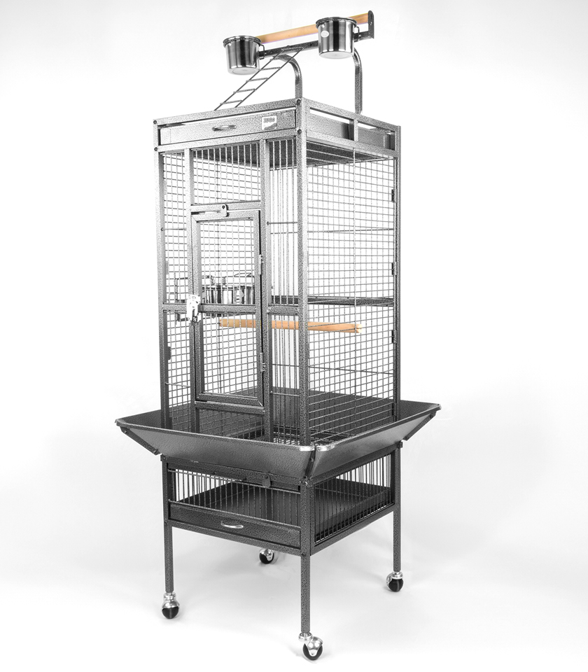 Zugo Aviary 9 Silver/Black Cage, a tall, multi-level silver wire bird cage with a matching stand on wheels, with a large door, a pull-out mess tray at the bottom, a flat top with two metal feeding bowls, and two wooden perches inside.