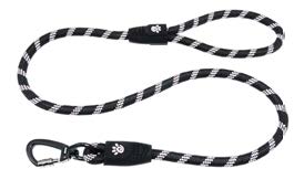 Doco Reflective Dog Leash, a black and white reflective rope dog leash that has a black logo on the handle and a black metal carabiner clip.
