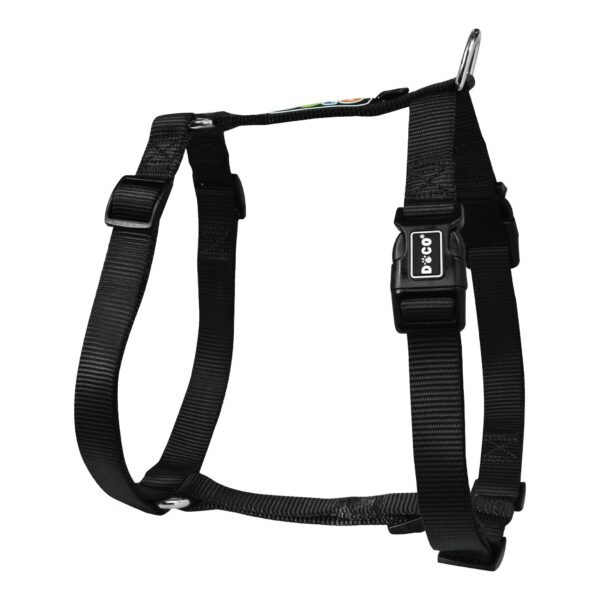 DOCO Black H-Style Dog Harness, a black nylon webbing harness with a prominent black plastic buckle and a silver metal D-ring for a leash, designed for secure and comfortable dog walks.