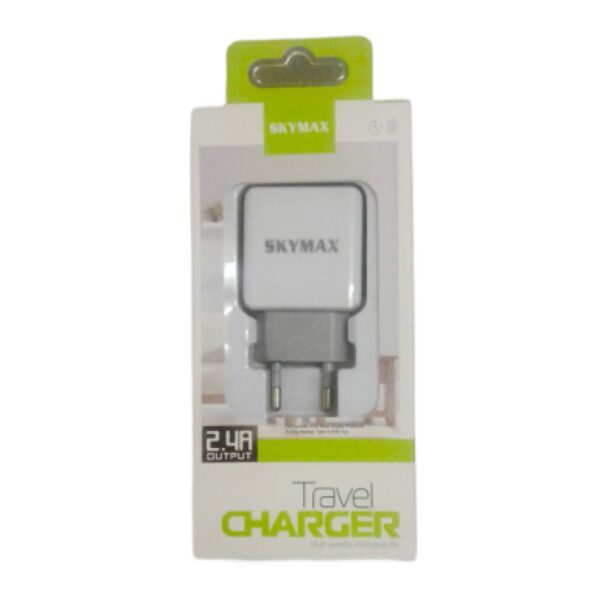 Skymax 2-Output USB Adapter Charger, a compact white travel charger in its packaging with a 2.4A output
