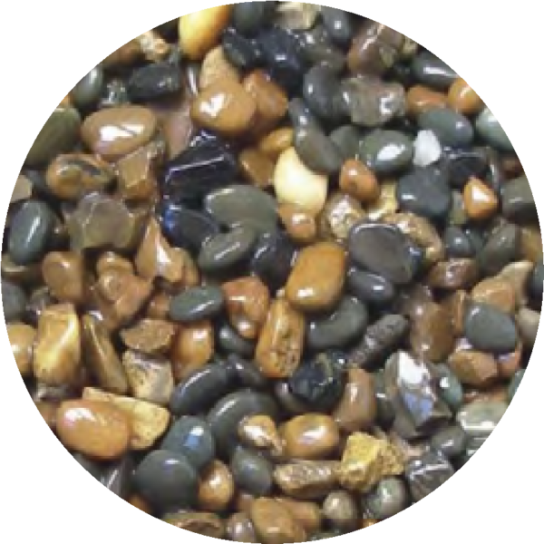Oceanmax Canyon Stream Fish Tank Substrate Stones, a close-up, circular image showing a mix of smooth, natural-colored polished aquarium gravel (3-5mm stones) in shades of brown, gold, black, and gray, suitable for creating a canyon-inspired aquascape.