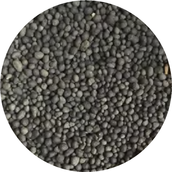 Oceanmax Aquarium Gravel (Plant Soil Lookalike), a close-up, circular image showing a large quantity of small, dark gray or black, rounded pebble-like gravel (1-2mm grain size) that mimics the look of nutrient-rich aquarium soil.