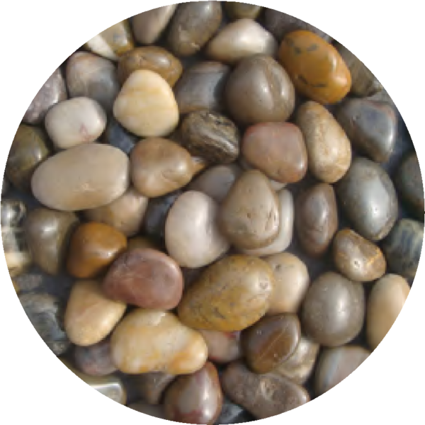 Oceanmax Riverbank Pebble Fish Tank Substrate, a close-up, circular image showing a mix of large, smooth, polished, natural-colored river pebbles (0.5-1cm stones) in shades of white, cream, brown, and gray, suitable for an authentic riverbed aquascape.