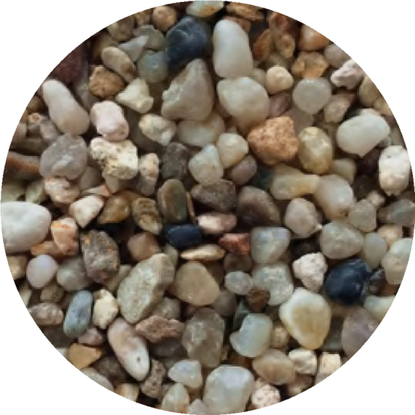 Oceanmax Riverbed Mix Fish Tank Substrate, a close-up, circular image showing a mixture of various small to medium-sized, irregularly shaped, polished natural gravel stones in shades of white, gray, black, tan, and brown, ideal for creating a natural riverbed environment.