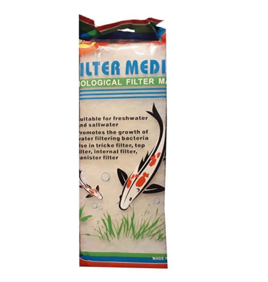 Oceanmax Biological Filter Mat (Retail Packaging), a narrow clear plastic retail bag containing a thick, white biological filter mat, with an image of a Koi fish and text indicating its use for various filter types.
