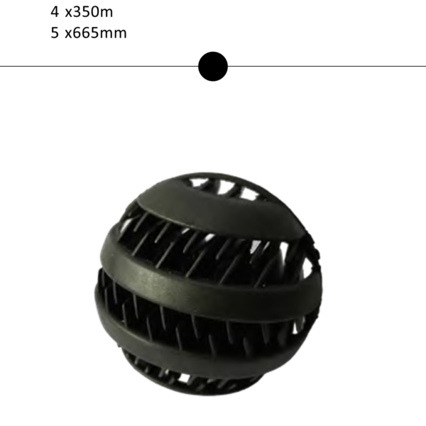 Oceanmax Plastic Bio Balls Filter Media, a close-up image showing a single, black, spherical plastic filter media ball with a textured, spiky surface designed to maximize surface area for beneficial bacteria colonization in aquariums and ponds.