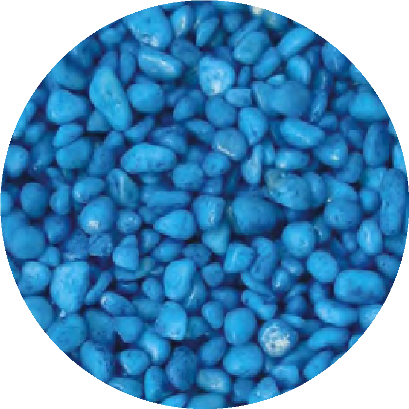Oceanmax Blue Gravel Fish Tank Substrate Stones, a close-up, circular image showing a large quantity of smooth, bright blue, polished artificial gravel (3-5mm stones), suitable for aquarium decoration.