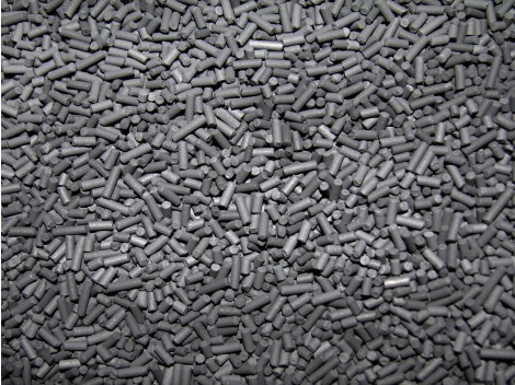 Oceanmax Activated Carbon Filter Media, a close-up image showing a large quantity of small, dark gray or black cylindrical pellets, which are typically used for chemical filtration in aquariums to absorb odors and impurities.