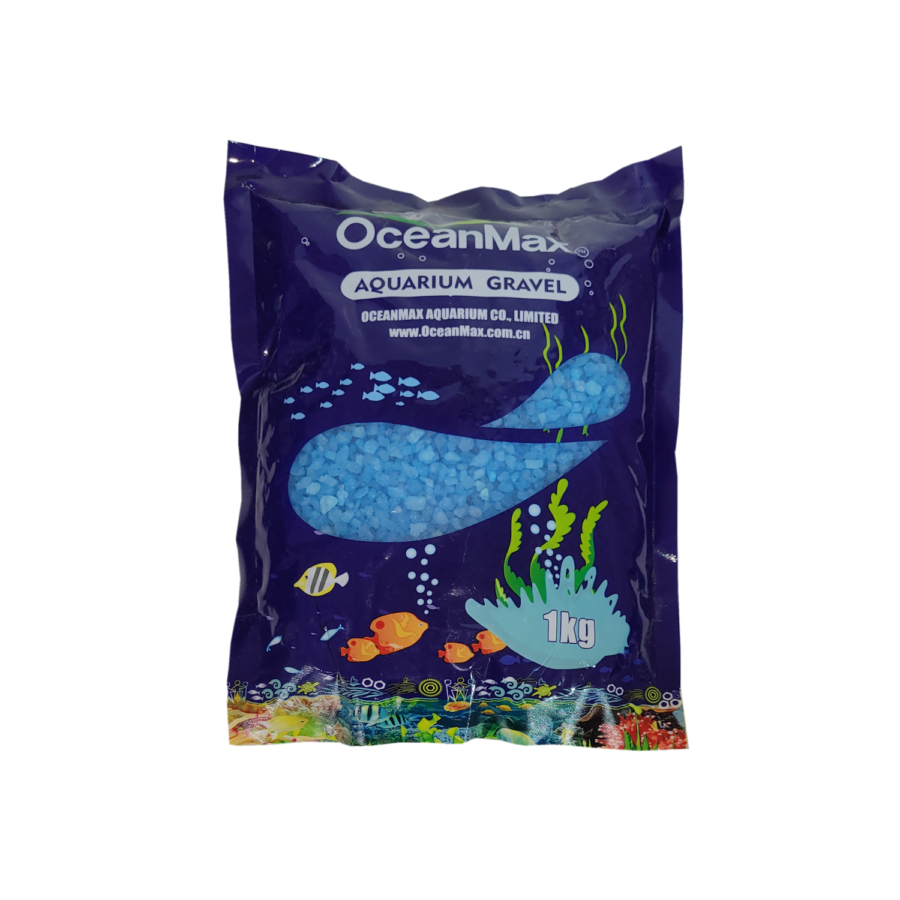 Oceanmax Blue Gravel Fish Tank Substrate Stones (Retail Bag), a dark blue plastic bag containing 1kg of smooth, highly polished light blue artificial gravel, with graphics of fish and aquatic plants, and the product name OceanMax Aquarium Gravel.