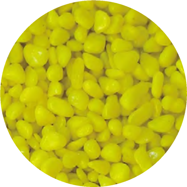 Oceanmax Yellow Gravel Fish Tank Substrate Stones, a close-up, circular image showing a large quantity of smooth, bright, highly polished yellow artificial gravel (3-5mm stones), suitable for a vibrant aquarium decoration.