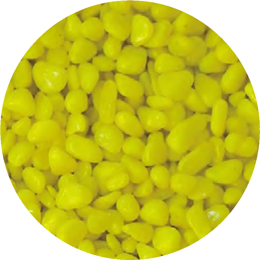 Oceanmax Yellow Gravel Fish Tank Substrate Stones, a close-up, circular image showing a large quantity of smooth, bright, highly polished yellow artificial gravel (3-5mm stones), suitable for a vibrant aquarium decoration.
