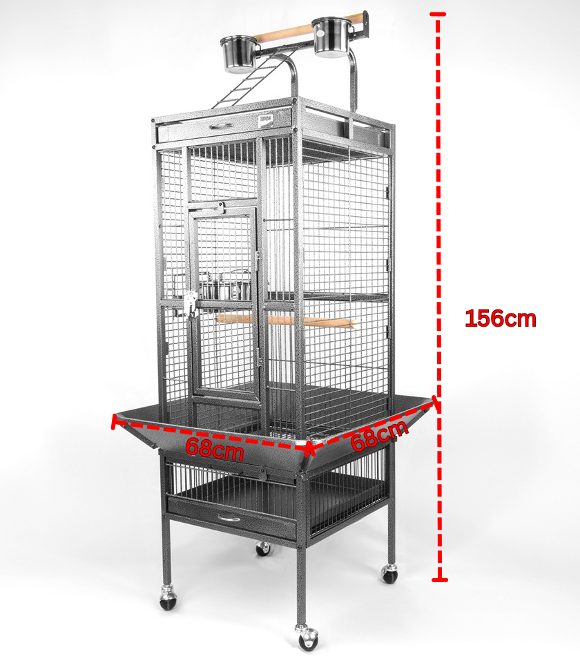 Zugo Aviary 9 Bird Cage with Dimensions, a large, square, metal birdcage with a playtop perch, feeders, and wheels, shown with sizing overlays indicating the total height is 156cm and the base width/depth is 68cm by 68cm.