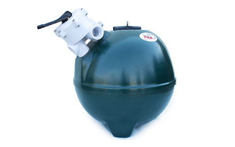 UltraZap 1-bag fibreglass sand filter, a large green spherical tank shown with the multi-port valve head installed.
