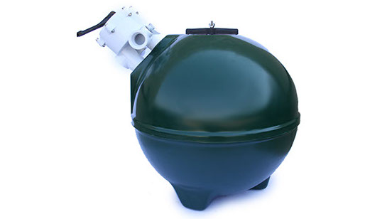 UltraZap 2-bag fibreglass sand filter, a large green spherical tank shown with the multi-port valve head installed.