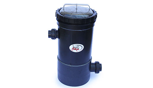 UltraZap 50mm Inline Leaf Trap 250mm. Large black cylindrical debris filter with clear lid and plastic handle.