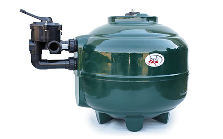 UltraZap 3-bag fibreglass sand filter, a large green spherical tank shown with the multi-port valve head installed.