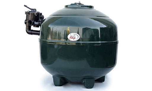 UltraZap 5-bag fibreglass sand filter, a very large green spherical tank shown with the multi-port valve head installed on the side.