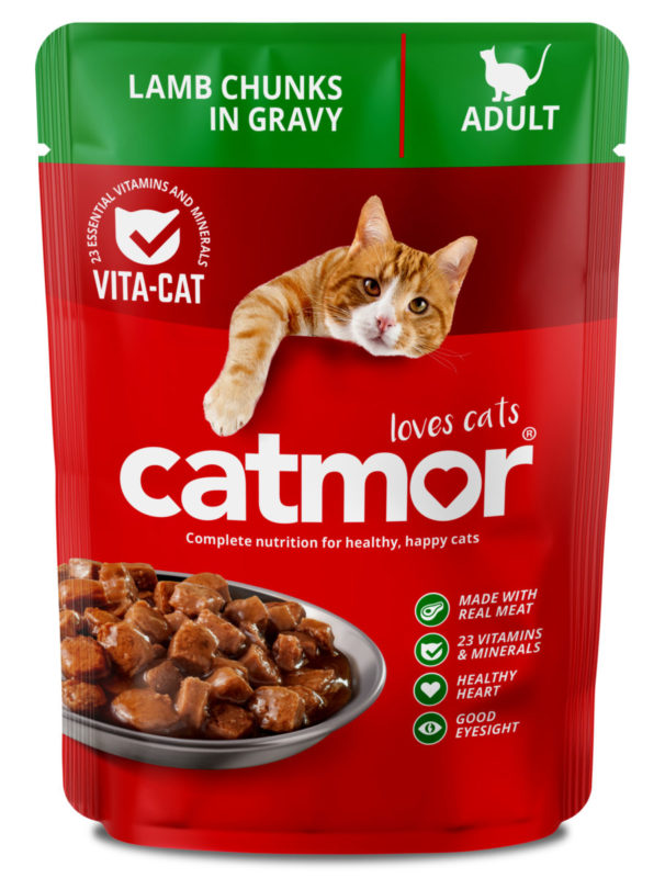 CATMOR Adult wet cat food pouch, Lamb Chunks in Gravy flavor, featuring a ginger cat and a bowl of the food.