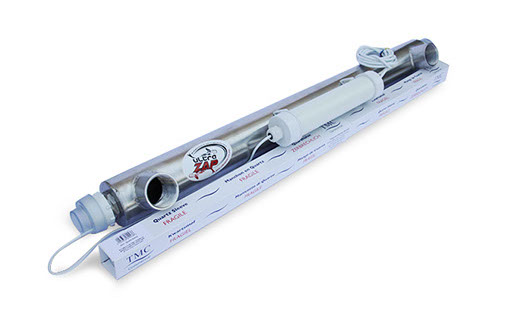 UltraZap 55W Stainless Steel Professional UV Sterilizer, a long, silver stainless steel cylindrical UV unit, shown resting diagonally on its white retail box, featuring white end caps and a white central electronic housing.