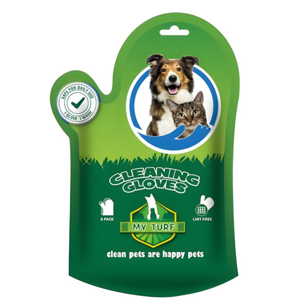 My Turf Pet Cleaning Gloves Retail Packaging (6-Pack), a green, glove-shaped retail pouch featuring a picture of a dog and a cat, the text "CLEANING GLOVES," and symbols indicating it is a 6 PACK and LINT FREE.