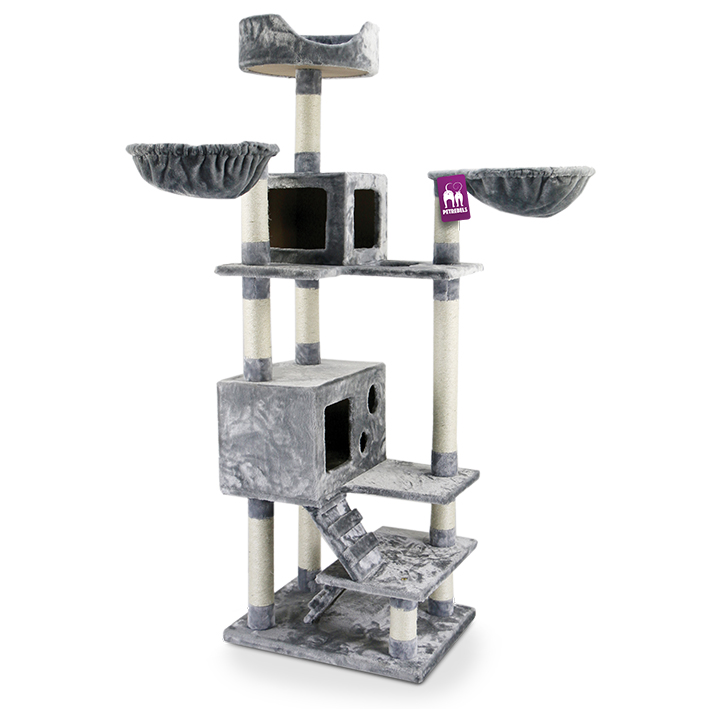 PetRebels Cleveland 175 multi-level cat tree in gray. Features two plush caves, two hammocks, and a sofa perch. Ideal for small cats.