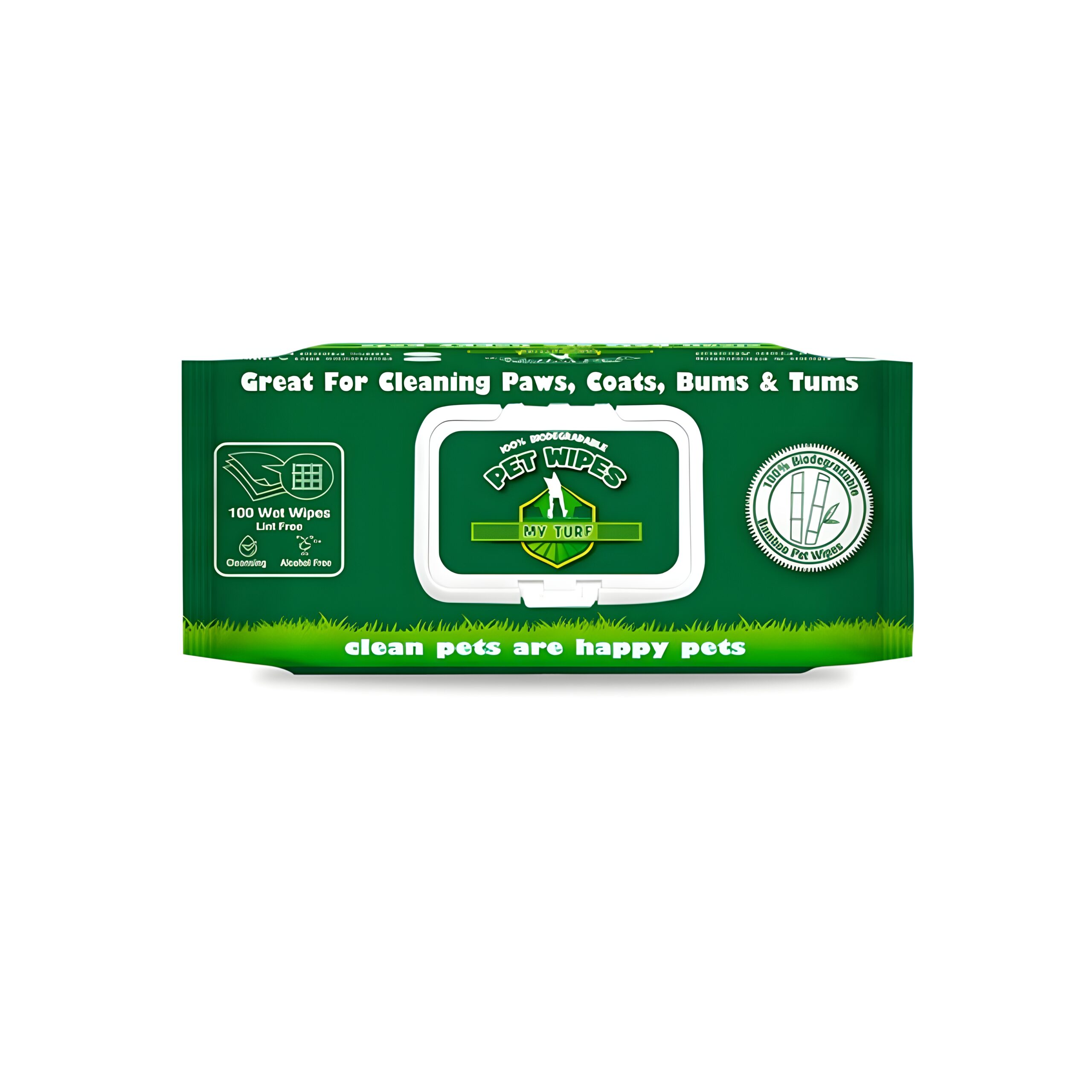 My Turf 100 Pack Unscented Pet Wipes (Green Packaging), a horizontal, green and white retail soft pack of pet wipes featuring the text "GREAT FOR CLEANING PAWS, COATS, BUMS & TUMS" and claims that the wipes are 100% Biodegradable and Alcohol Free.