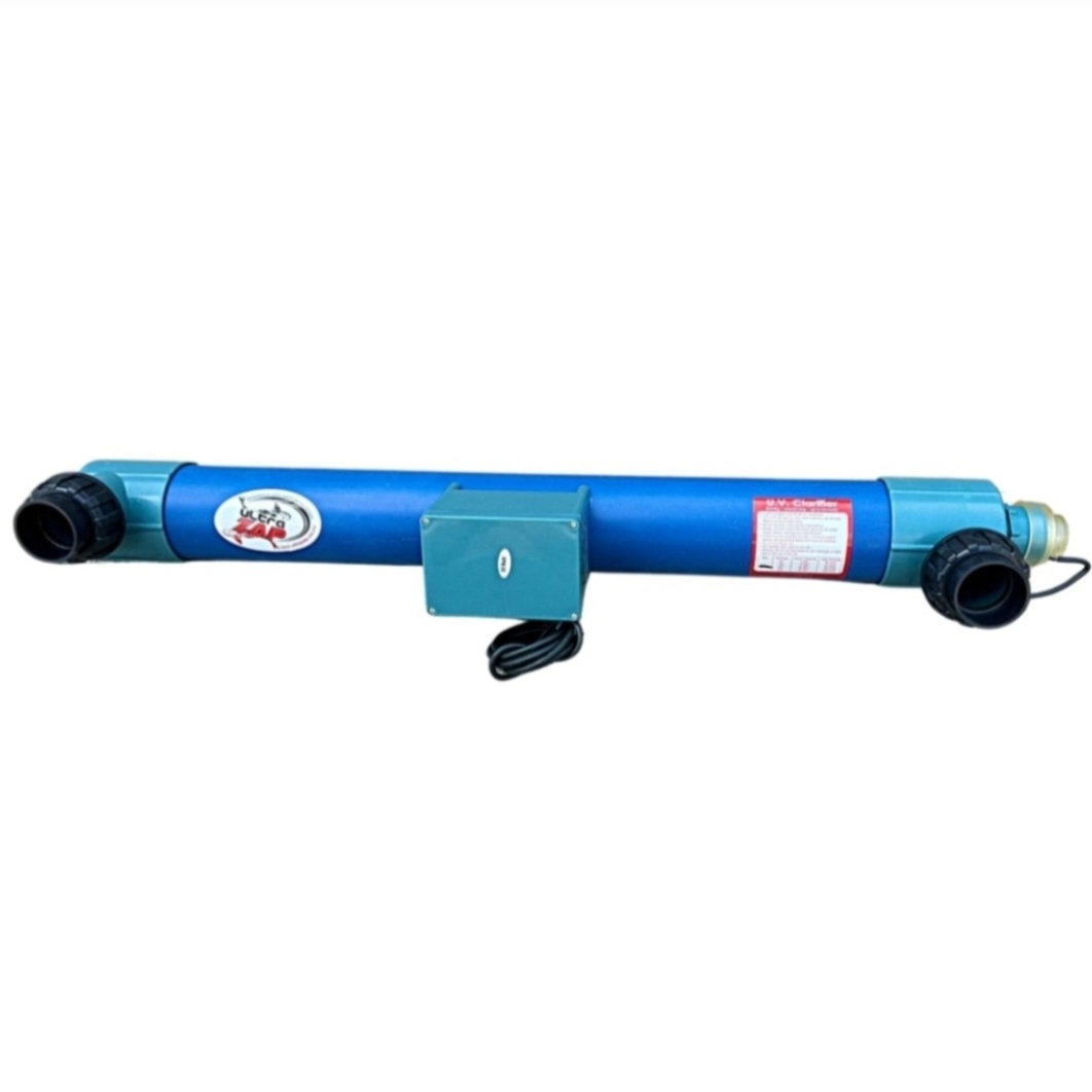 UltraZap 30 Watt U.V. Clarifier Pond Sterilizer, a long, blue, cylindrical UV unit with black ribbed end caps for large hose attachment, a central electronic housing, and a visible U.V. Clarifier label.