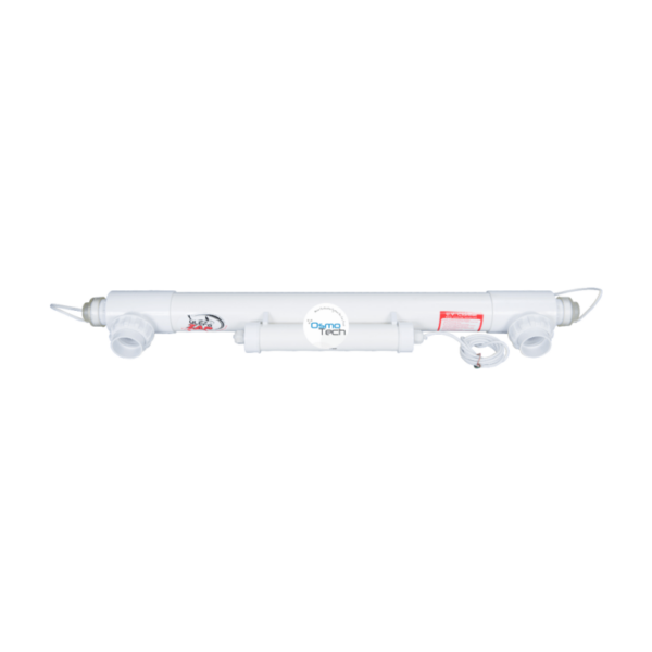 UltraZap 55W Professional Grade UV Sterilizer (White Model), a very long, white, cylindrical UV unit with white end caps for hose attachment, a small central electronic tube, and a red and white label.