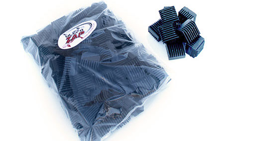 UltraZap Bio Balls Filter Media Replacement – 6 Litre Bag. Black, cube-shaped plastic bio balls, with a full bag next to a small pile of media.